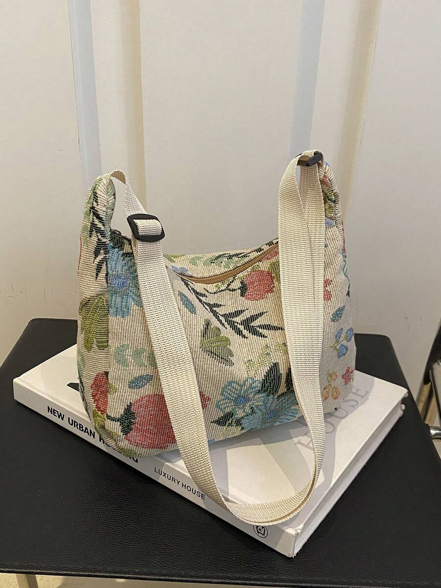 复古波西米亚草莓图案斜挎包、复古单肩休闲包、女士手提包和钱包套装 - 米色 - 查看 1