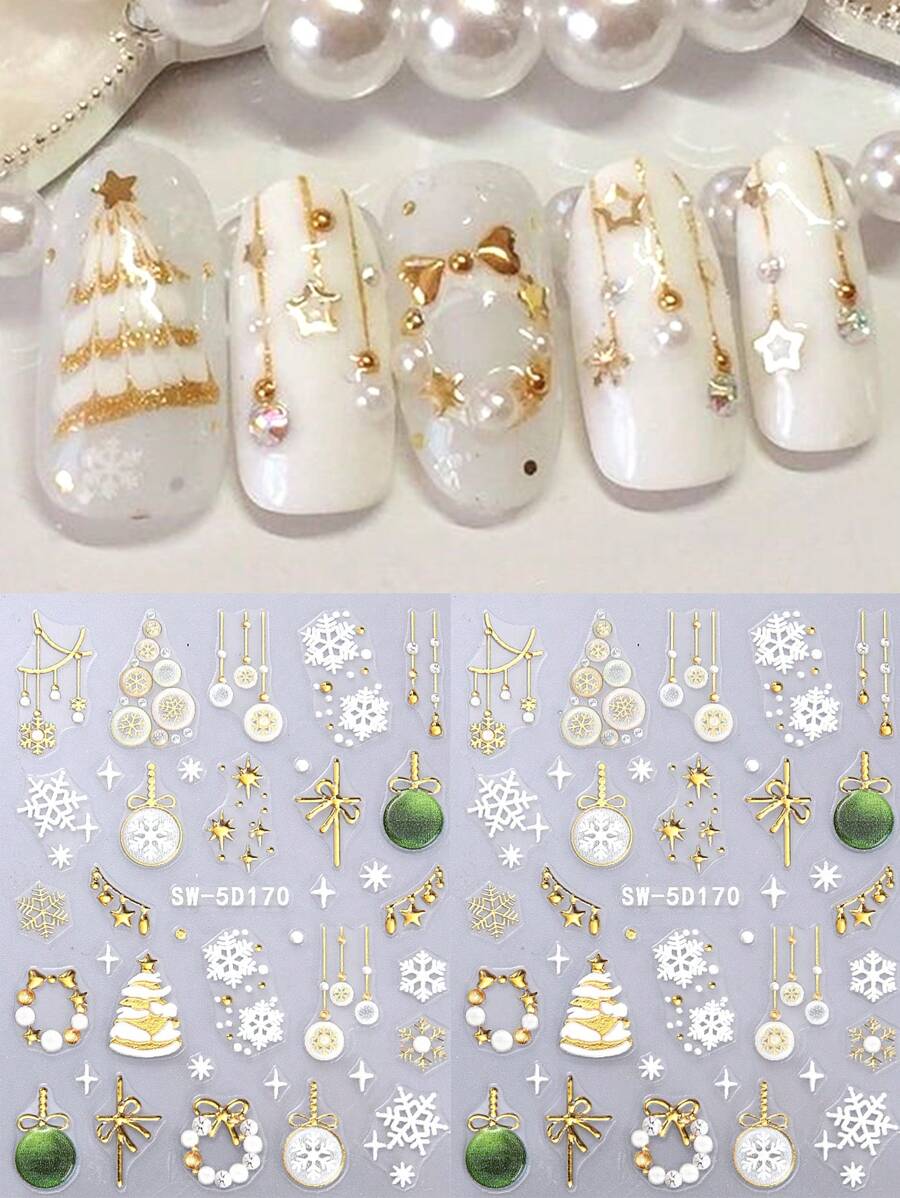 Bronzing 5D Christmas Embossed Nail Stickers 2pcs Metallic White Gold