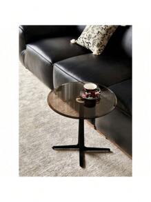 End Table  Glass Top Side/End Drink Table - Tall Modern Round Accent Metal Nightstand Furniture For Living Room, Dorm, Home Office, And Bedroom - 19.69" Round - Brown Blass/Matte Black,HomeNest9