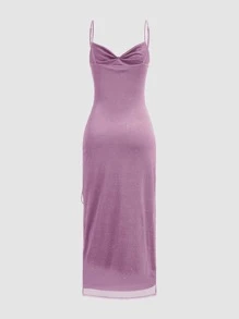 1pc Women Solid Color Ruched Drawstring Strap Sleeveless Party Dress, Wedding Guest Dress - Red Violet - View 3