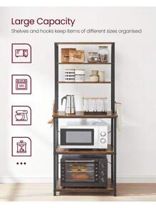 VASAGLE Kitchen Storage Rack, Coffee Bar, Baker's Rack, Total 6 Shelves And 6 Hooks, For Microwave, Steel Frame, Industrial, Rustic Brown And Black