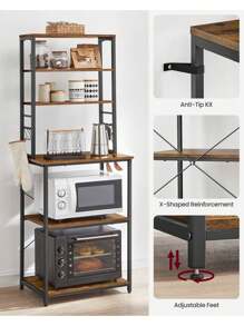 VASAGLE Kitchen Storage Rack, Coffee Bar, Baker's Rack, Total 6 Shelves And 6 Hooks, For Microwave, Steel Frame, Industrial, Rustic Brown And Black