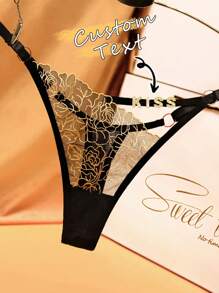 Celana Dalam Thong Huruf Berlian Imitasi Emas & Perak Kustom, Lingerie Renda Bunga Berbentuk V, Pinggang Berongga yang Dapat Diatur, Hadiah Natal - MultiWarna - View 3