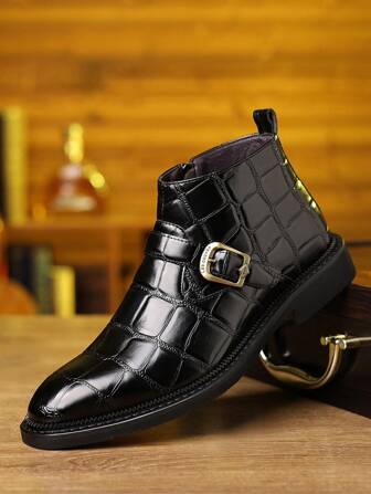 全新大码男士时尚高帮切尔西靴，带石纹，高端百搭尖头舒适皮鞋