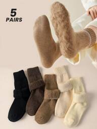 5 Pairs Women's Merino Wool Blend Mid-Calf Socks, Solid Color Thermal Lined Thermal Winter Warm Socks, Fashion Versatile For Daily Wear And Sleeping