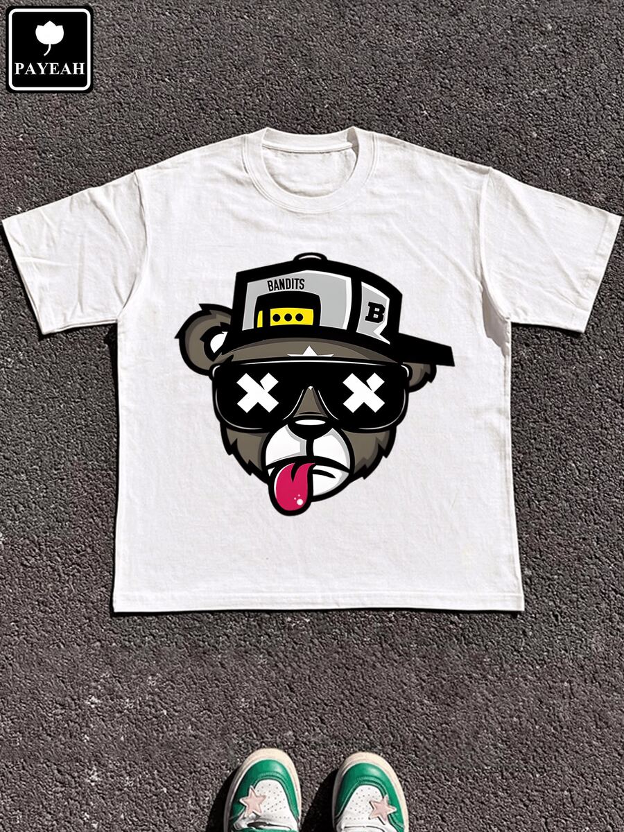 PAYEAH 1pcs 100% Cotton Cool Bear With Sunglasses Cartoon Printed Round Neck Short-Sleeved T-Shirt  220g Heavy Cotton T Shirt - 白色 - 查看 1