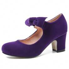 Women's Bow Mary Jane Low Block Chunky Heels Pumps Round Toe Low Heels Ankle Strap Wedding Dress Evening Party Shoes - Purple - View 1