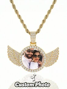1pc Custom Photo Circular Necklace With Chain, Vintage Boho Style, Rhinestone Wing Frame Pendant, Personalized Photo Album Necklace Jewelry Gift