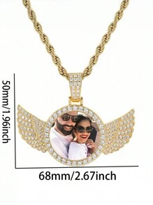 1pc Custom Photo Circular Necklace With Chain, Vintage Boho Style, Rhinestone Wing Frame Pendant, Personalized Photo Album Necklace Jewelry Gift