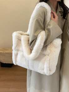 简约大容量轻便秋冬单肩包百搭女士纯色毛绒手提包 - 白色 - 查看 5