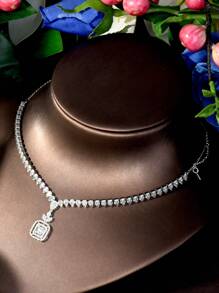 1 Set Cubic Zirconia Block Decorated Jewelry 3 Pieces Set, Suitable As Women's Graduation Gift - Silver - View 4