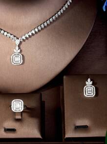 1 Set Cubic Zirconia Block Decorated Jewelry 3 Pieces Set, Suitable As Women's Graduation Gift - Silver - View 3