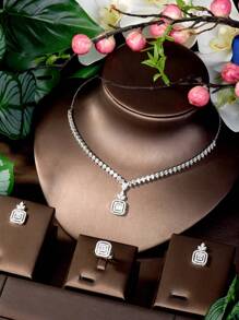 1 Set Cubic Zirconia Block Decorated Jewelry 3 Pieces Set, Suitable As Women's Graduation Gift - Silver - View 1