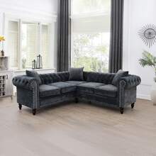 MoolSun 5.2ft Modern Luxury L-Shaped Sectional Sofa - Premium Velvet 5-Seater With Tufted Diamond Backrest & Chrome/Gold Accent Arms | Plush Deep-Seat Cloud Cushions, Space-Saving Compact Design For Apartments (Tool-Free 30-Min Assembly) - 灰色 - 查看 1