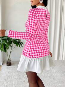 Váy Amarilo nữ mùa thu họa tiết răng sói, tay dài, cổ tương phản, viền bèo nhún (In ngẫu nhiên) - Hồng - Xem 2