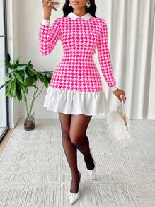 Váy Amarilo nữ mùa thu họa tiết răng sói, tay dài, cổ tương phản, viền bèo nhún (In ngẫu nhiên) - Hồng - Xem 1