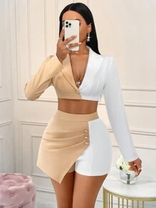 AIJ Amarilo Color Block Cropped Jacket & Shorts Suit Set - View 4