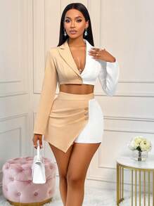 AIJ Amarilo Color Block Cropped Jacket & Shorts Suit Set - View 5