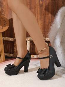 New Waterproof Platform Bowknot Round Toe Black High Heel Shoes With Rhinestone Strap, Thick Heeled Pumps For Women Valentines