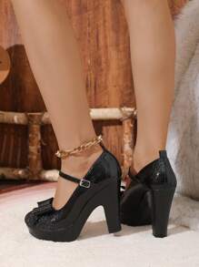 New Waterproof Platform Bowknot Round Toe Black High Heel Shoes With Rhinestone Strap, Thick Heeled Pumps For Women Valentines