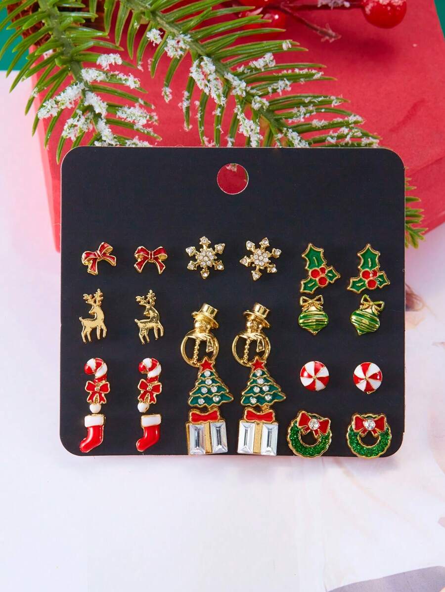 RIINHOO Bộ 12 đôi nơ cây thông Noel, người tuyết, hộp quà, bông tuyết, bông tai đính tuần lộc cho ngày lễ tình nhân - Nhiều màu - Xem 1