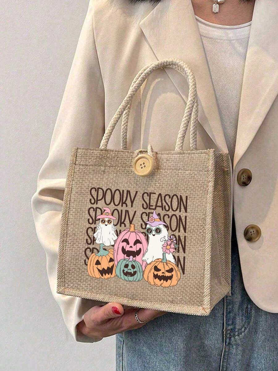 Túi vải lanh họa tiết ma quái có đèn lồng bí ngô, túi mua sắm trang trí nút có quai đôi, quà tặng Halloween, túi xách đựng kẹo vào ngày Halloween, túi đựng đồ nhẹ có thể gấp lại, túi tote dung tích lớn đơn giản, túi tote thời trang nữ dung tích lớn, quà tặng Halloween cho bạn bè và bạn gái, tuyệt vời cho sinh viên mới tốt nghiệp, thanh thiếu niên, sinh viên năm nhất, sinh viên năm hai, thanh thiếu niên, cao đẳng và trung học, ngoài trời, du lịch và trở lại trường - Màu Khaki - Xem 1