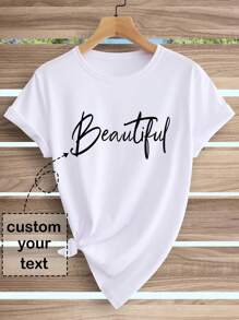 Personalización de texto, sube el texto para personalizar el arte, el nombre o el patrón de bendición impreso en la parte delantera de la ropa, camisetas de manga corta de cuello redondo regular para mujeres, blusas de mujer, regalos festivos, ornamentales, perros, únicos, personalizados, disfraz de Bella, regalos ideales para ella, familia, amigos, niñas rosas, para vacaciones, para aniversarios, ambiente de vacaciones, fiesta de Navidad - Blanco - Ver 1
