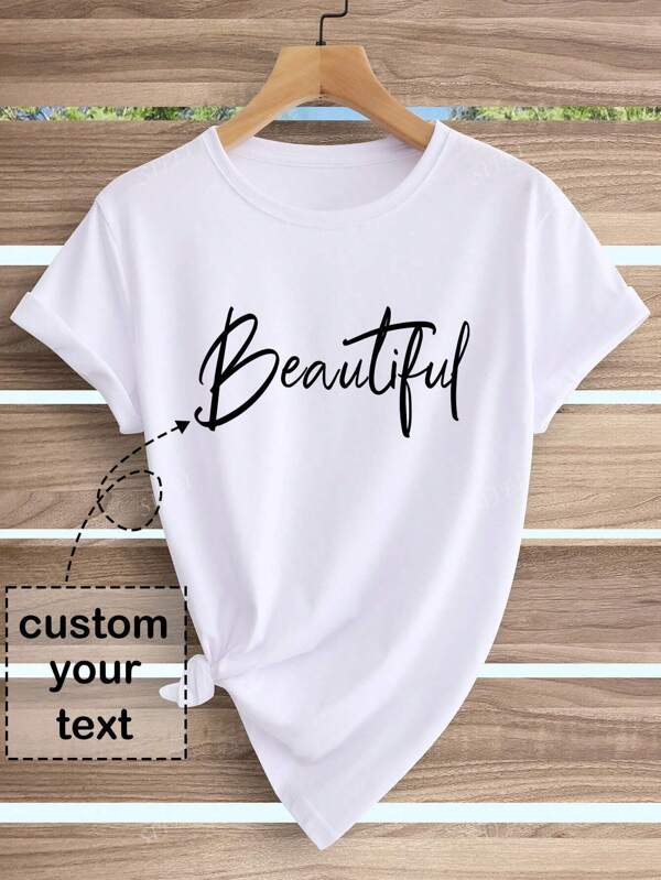 Personalized Text Customization, Upload Text To Customize Personalized Art Text/Name/Blessing Pattern Printed On The Front Of The Clothes, Regular Round Neck Short-Sleeved T-Shirts For Women, Women's Tops, Holiday Gifts,Ornamental,Dawg,Unique,Custom,Belle Costume,Ideal Gifts For Her,Family,Friends,Pink Girls,For Holiday,For Vacation,For Anniversaries,Vacay Vibe