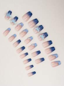 24pcs Glossy Coffin False Nails, Blue Ombre 3D Press On Nails With Butterfly Pearl 3D Decor, Include 1pc Nail File & 1pc Nail Glue, Suitable For Women And Girls