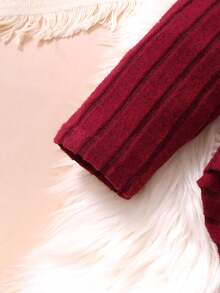 2 件套女孩可爱纯色条纹猫脸刺绣长袖上衣和裤子套装 - 酒紅色 - 查看 6