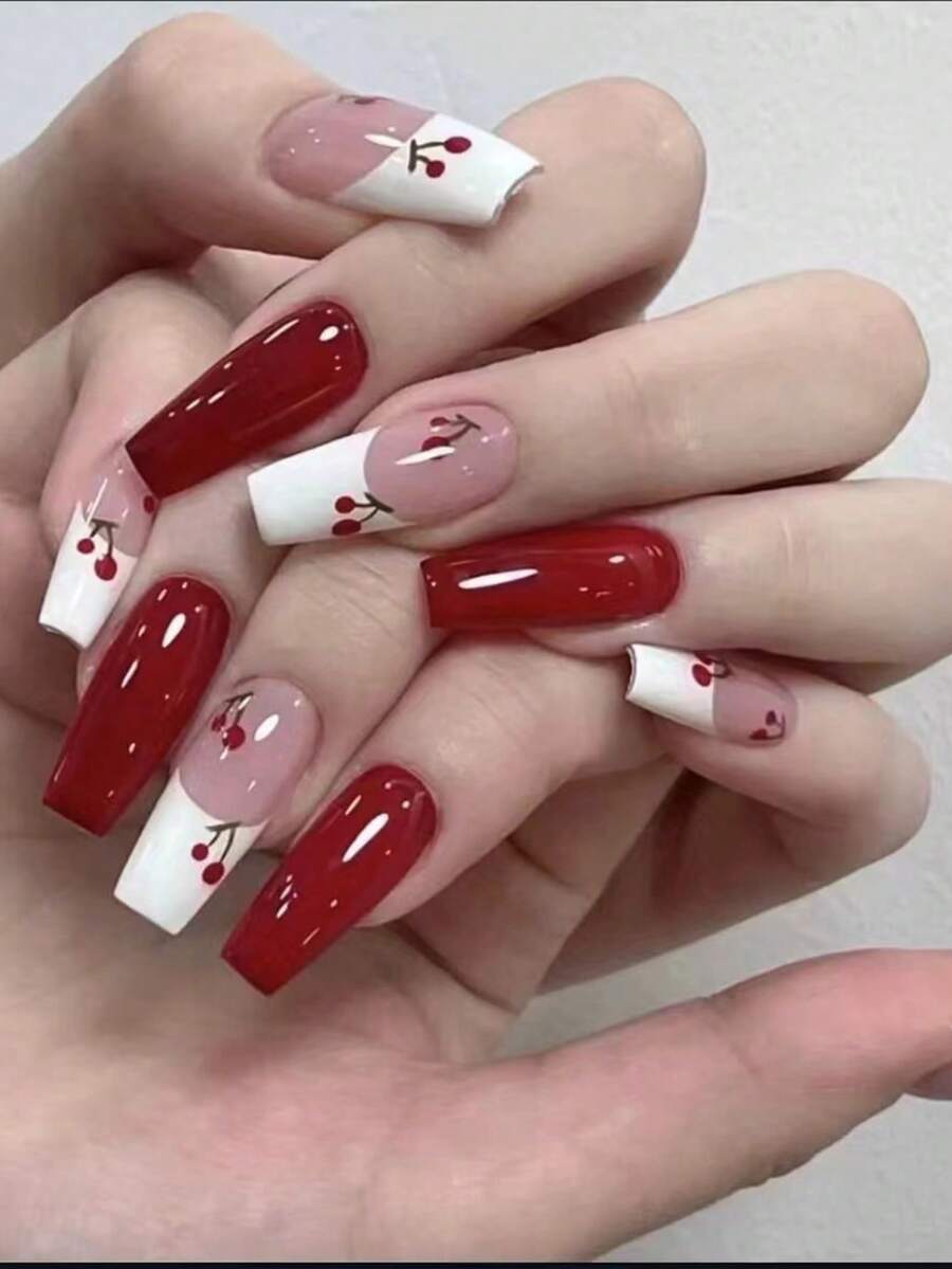 24 件中长芭蕾、法国樱桃、亮面指甲油套装，含果冻胶和指甲锉，适合女士和女孩日常佩戴