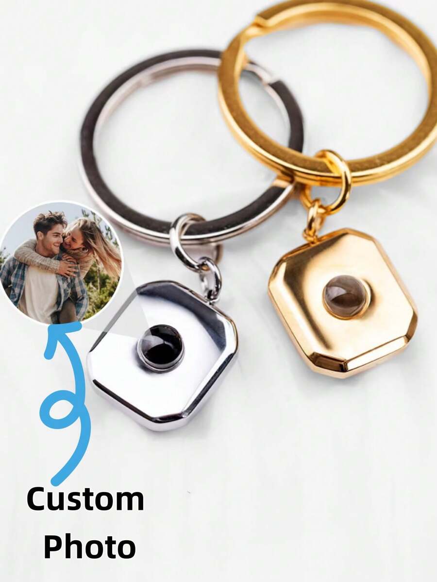 1pc Stainless Steel Customizable Photo Projection Keychain, Square Pendant Personalized Commemorative Keychain, Christmas/Anniversary Gift - View 1