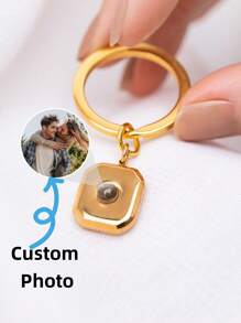 1pc Stainless Steel Customizable Photo Projection Keychain, Square Pendant Personalized Commemorative Keychain, Christmas/Anniversary Gift - View 2
