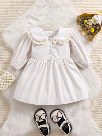 1 件装女婴灯芯绒荷叶边领休闲连衣裙，适合秋季穿搭