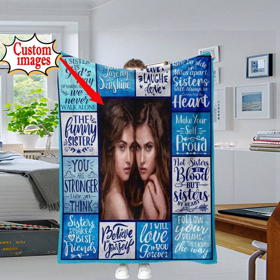 A Custom Character Flannel Blanket, Custom Family Photos, Personal Art Photos Or Family Photos And Text, Custom Gift Perfect Gift For Sisters To Send To Family. - Full Pattern Customization - View 1