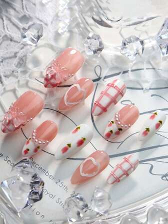 10Pcs Almond Shaped Fake Nails, Pink Sweet And Cute Girl Style Bow Love Flower Bride Creative Fake Nails, Detachable, Fully Covered Nail Set, With 1 Sheet Of Jelly Glue And A 1 Strip Nail File, Everyday Wear, Winter Fake Nails, Suitable For Holiday Party Ball Decoration, Send Women Friends Gifts, Valentine, Holiday Gifts, Birthday Gifts Press On Nails Nail Supplies Nails