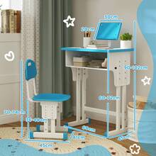 HOMCOM Kids Desk And Chair Set Adjustable Height Study Table Set W/ Drawer, Book Stand, Pen Slot - 藍色 - 查看 3