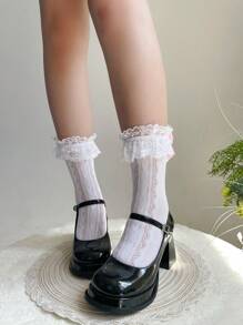 1 par de calcetines con volantes de encaje, decorados con perlas y moños, estilo lolita para mujer, talla única