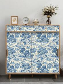 1卷复古法式农舍风格壁纸，蓝色风景和乡村风格，可剥离粘贴移除，防水防潮，适用于卧室壁炉、客厅装饰墙、楼梯、家居装饰和橱柜家具翻新，营造复古的房间装饰美感。 - 彩色 - 查看 6