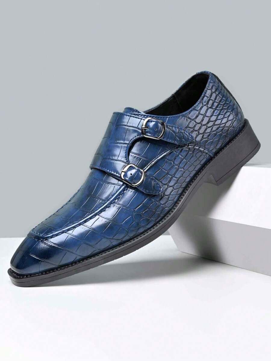 1880 加大码男士商务休闲正装鞋中年鳄鱼纹软底软面防滑耐磨一脚蹬休闲鞋 - 藍色 - 查看 1