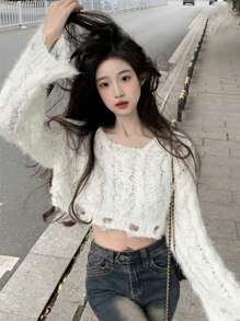 Áo len dài tay croptop màu trơn rách phong cách mới của Hàn Quốc mùa thu đông - trắng - Xem 1