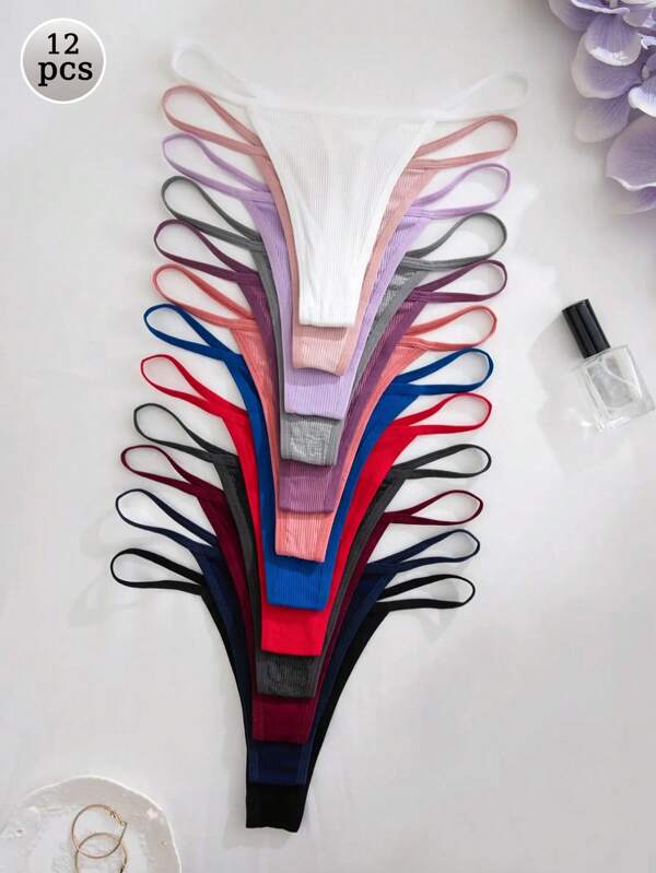 12pcs Women Assorted Color Ribbed G-String Panties