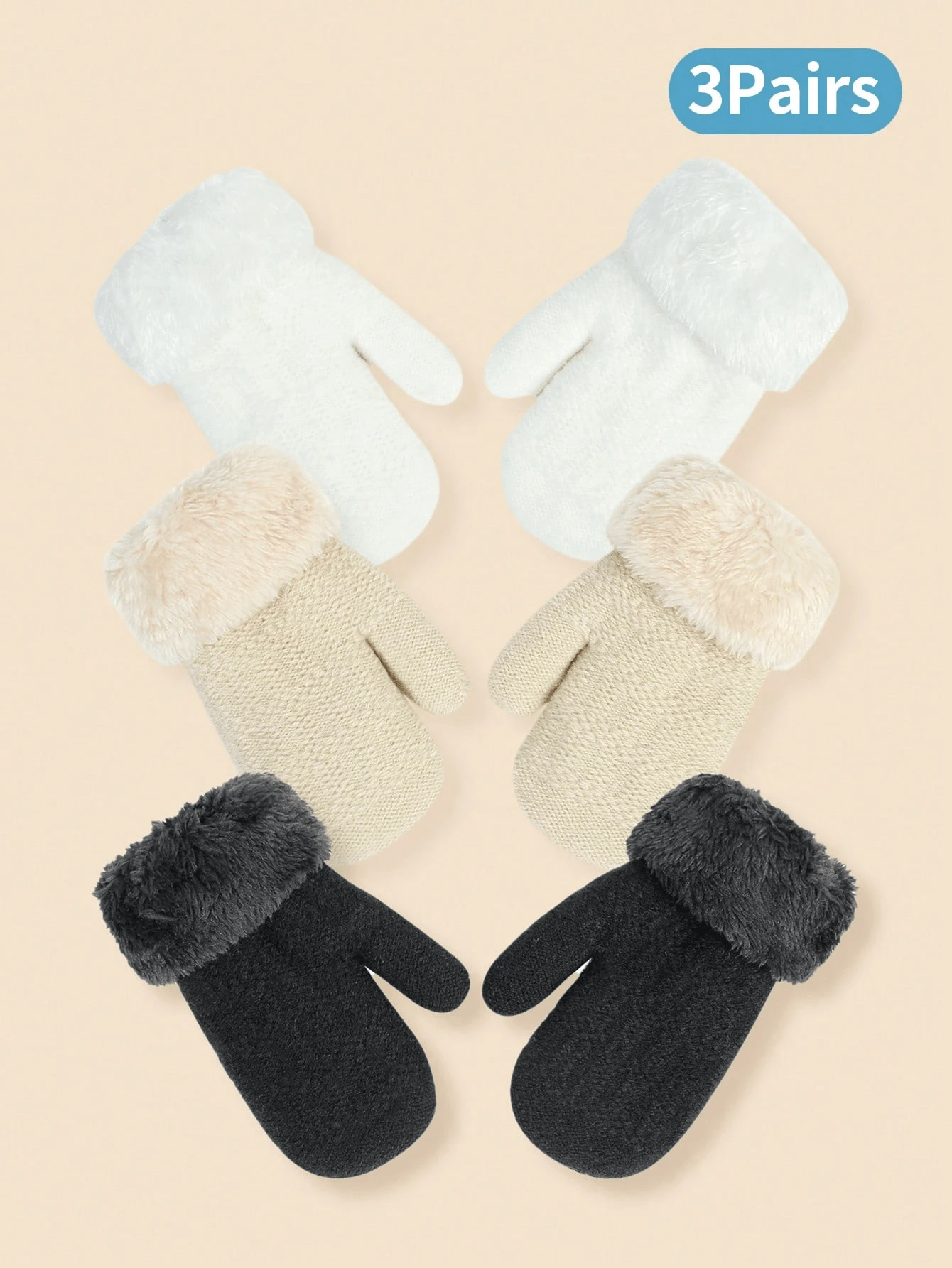 3 双儿童毛绒袖口手套，适合 3-6 岁儿童的温暖户外手套，可爱又休闲 - 3Pairs - 查看 1