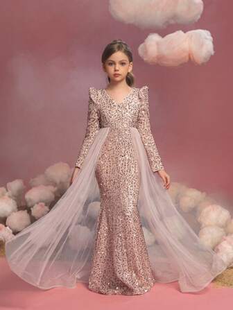 Tween Girls' Long Sleeve Sequin Contrast Mesh Hem Party Dress