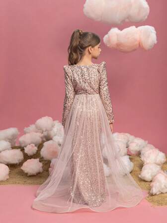 Tween flickor långärmad paljettkontrast nätfåll festklänning