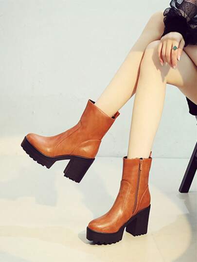 Fall European And American New Style Chunky Heel Waterproof Platform High Heel Side Zipper Ankle Boots, Fashion