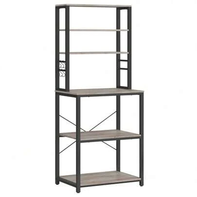 VASAGLE Kitchen Storage Rack, Coffee Bar, Baker's Rack, Total 6 Shelves And 6 Hooks, For Microwave, Steel Frame, Industrial, Greige And Black