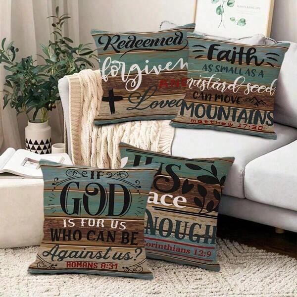 4pcs Linen Decorative Throw Pillow Covers, Church & Farm Inspirational Printing, Single Sided, 18" X 18", For Sofa, Living Room, Bedroom, Office, Home Decor, Without Pillow Insert