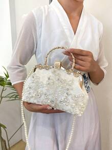 Pearl Embroidery Fashion Handbag,Cheongsam/Banquet Clutch Bag With Chain, Embroidered Pearl Shoulder Bag