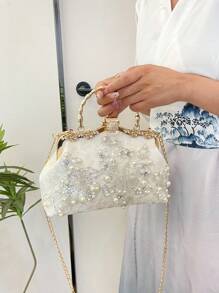 Pearl Embroidery Fashion Handbag,Cheongsam/Banquet Clutch Bag With Chain, Embroidered Pearl Shoulder Bag